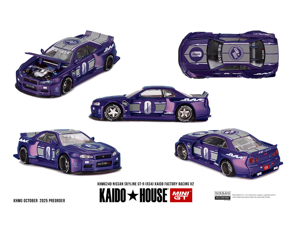 Kaido House x Mini GT 1:64 Nissan Skyline GT-R R34 V2 in Midnight Purple | Preorder