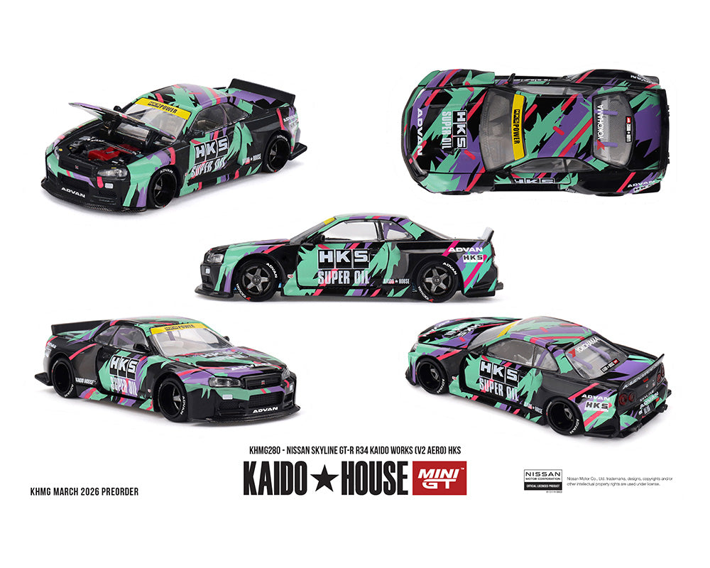 Kaido House x Mini GT 1:64 Nissan Skyline GT-R R34 V2 Aero HKS Limited Edition | Pre-Order