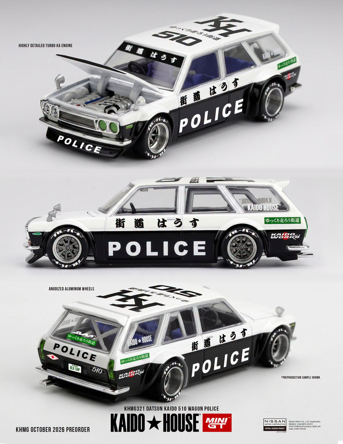 Kaido House 1:64 Datsun KAIDO 510 Wagon Police Black/White | Pre-Order