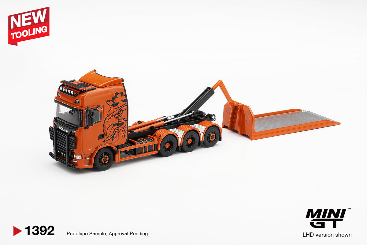 Mini GT 1:64 Scania 770S B8x4NA Hooklift Flatbed Orange | Pre-Order