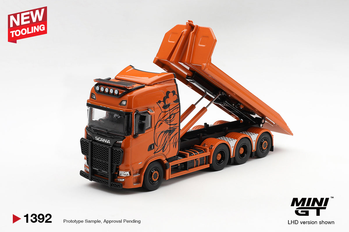 Mini GT 1:64 Scania 770S B8x4NA Hooklift Flatbed Orange | Pre-Order