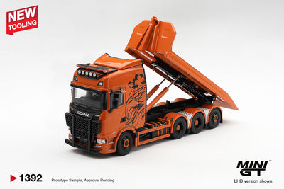 Mini GT 1:64 Scania 770S B8x4NA Hooklift Flatbed Orange | Pre-Order