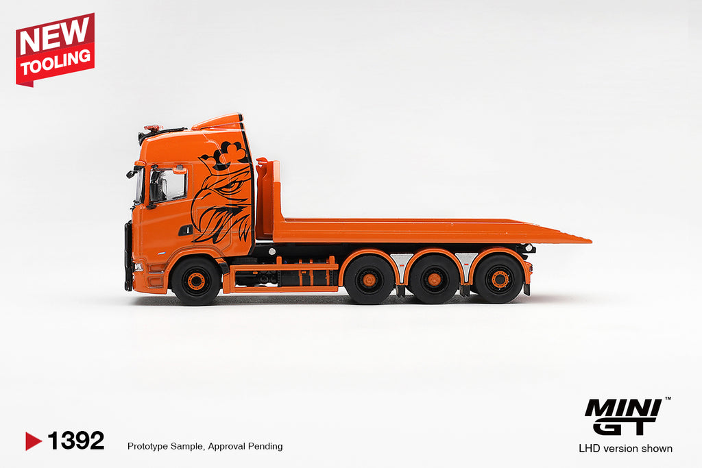 Mini GT 1:64 Scania 770S B8x4NA Hooklift Flatbed Orange | Pre-Order