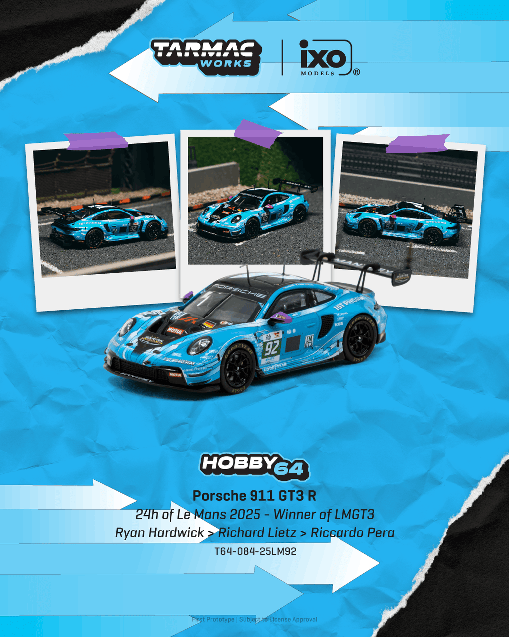 Tarmac Works 1:64 Porsche 911 GT3 R #92 2025 Le Mans Winner | Pre-Order