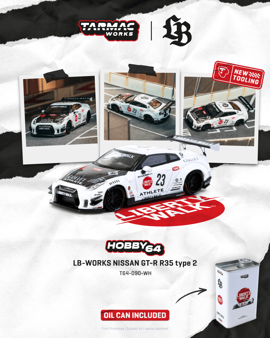 ⚪ Tarmac Works 1:64 LB-WORKS Nissan GT-R R35 Type 2 in White w/ Oil Can | Pre-Order